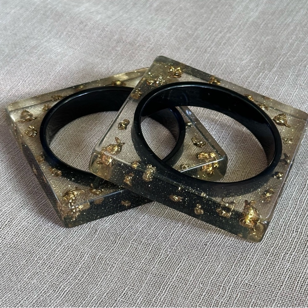 Disney Couture Gold and Black Square Resin Bangles duo Rare!